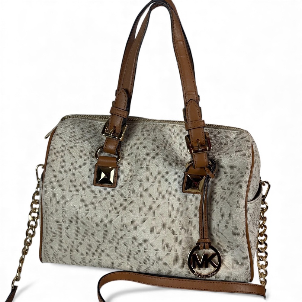 Michael Kors Medium Grayson Signature Satchel Handbag Beige Leather Gold Chain